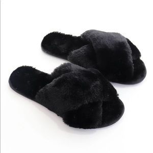 Black Faux Fur Slippers